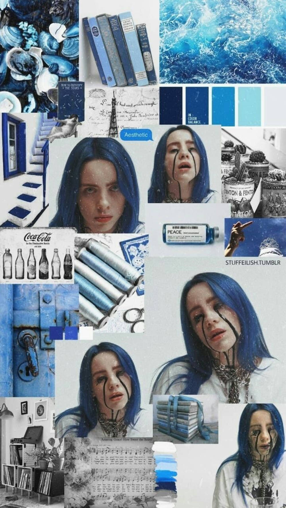 Aesthetic Billie Eilish Blue And White Collage Wallpaper