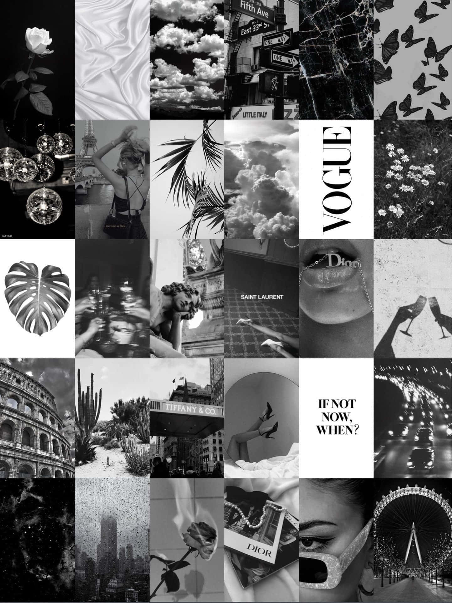 A Collage Of Black And White Photos With A Black Background