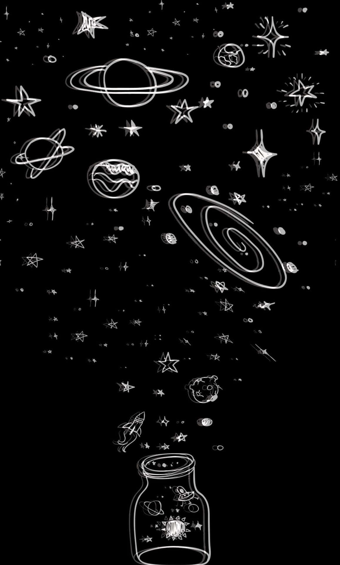 En sort baggrund med en beholder af stjerner og planeter. Wallpaper