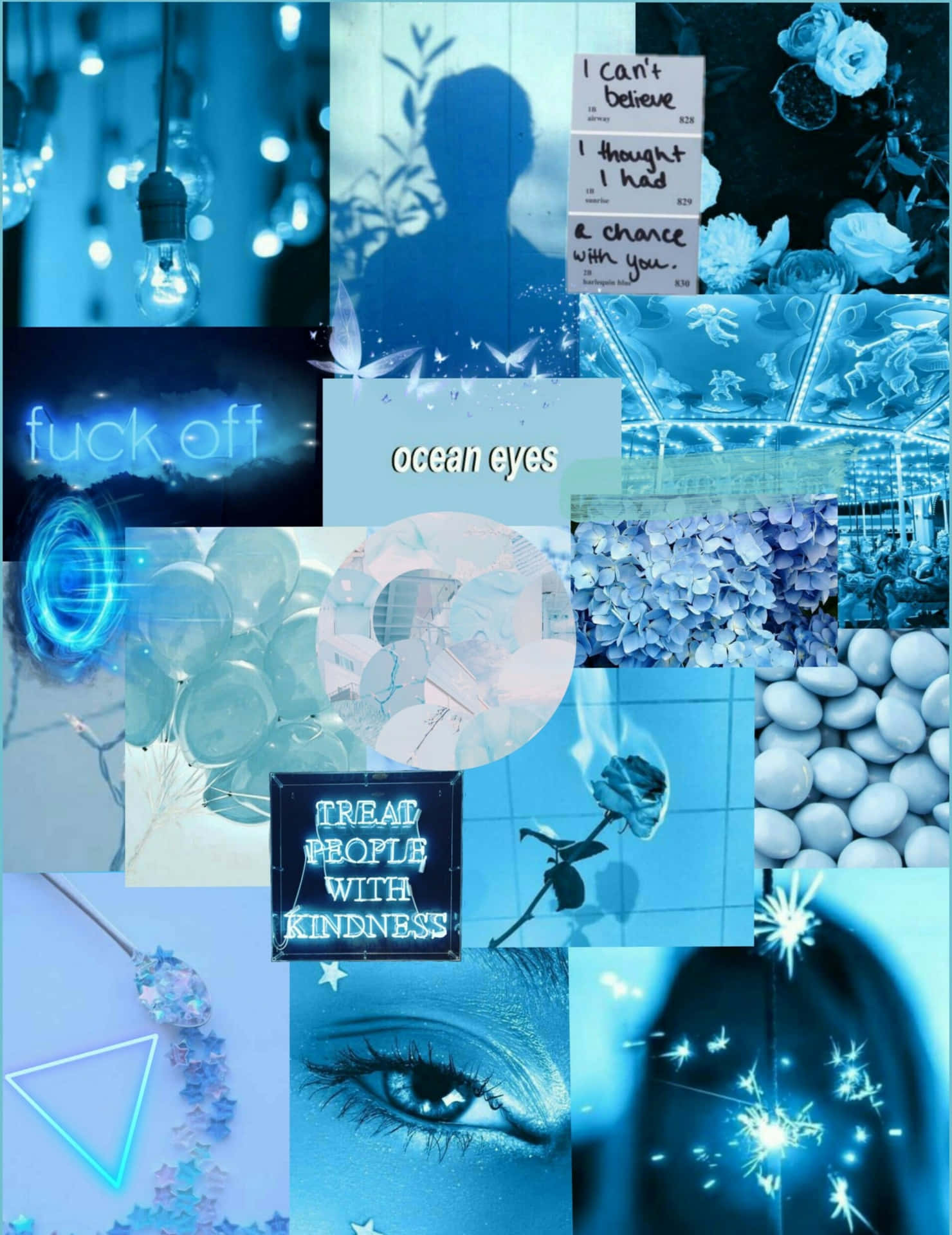 Aesthetic blue-tinted collage of shapes and words Wallpaper