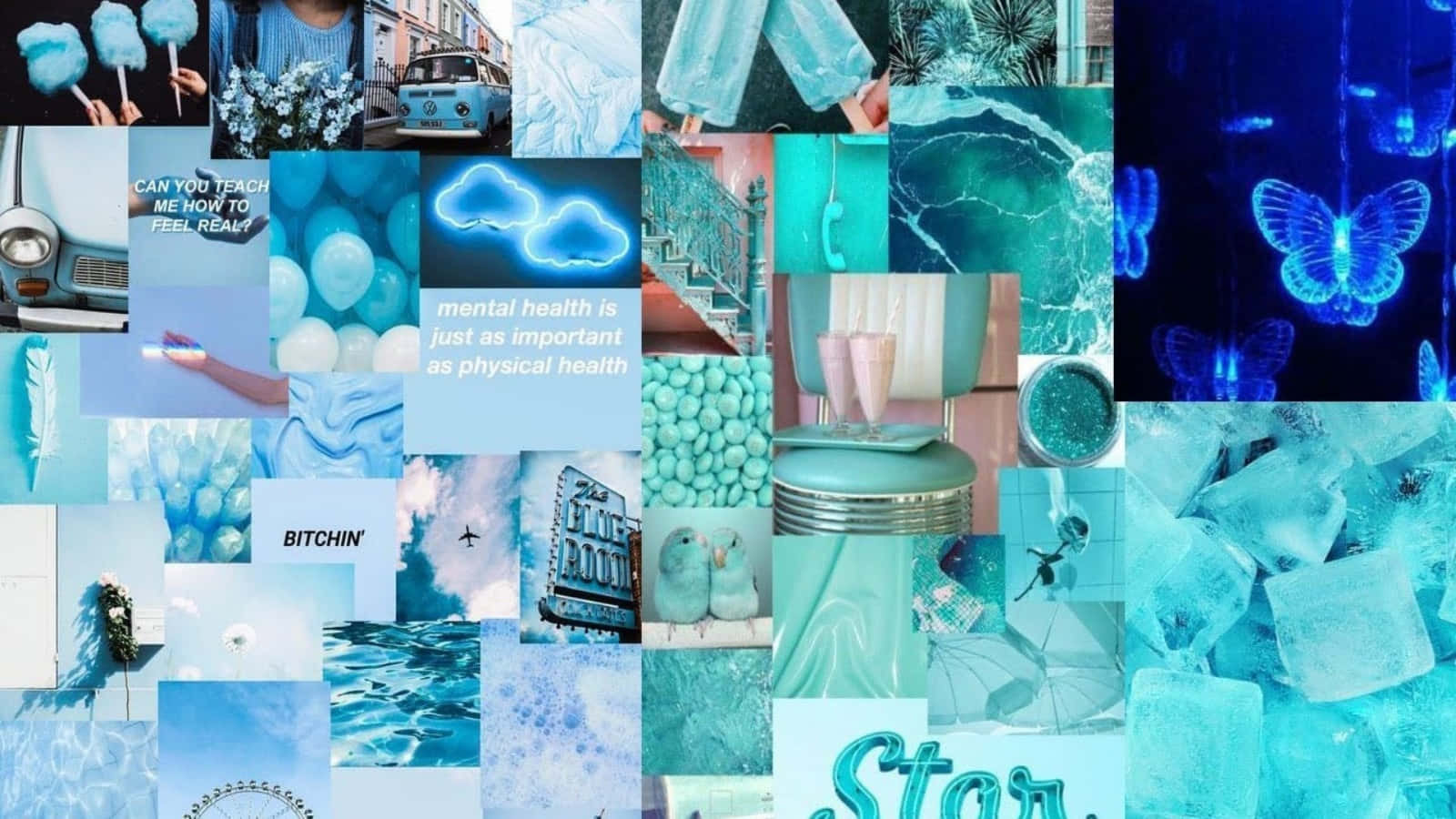 Et collage af blå billeder med et stjernekigger tema Wallpaper