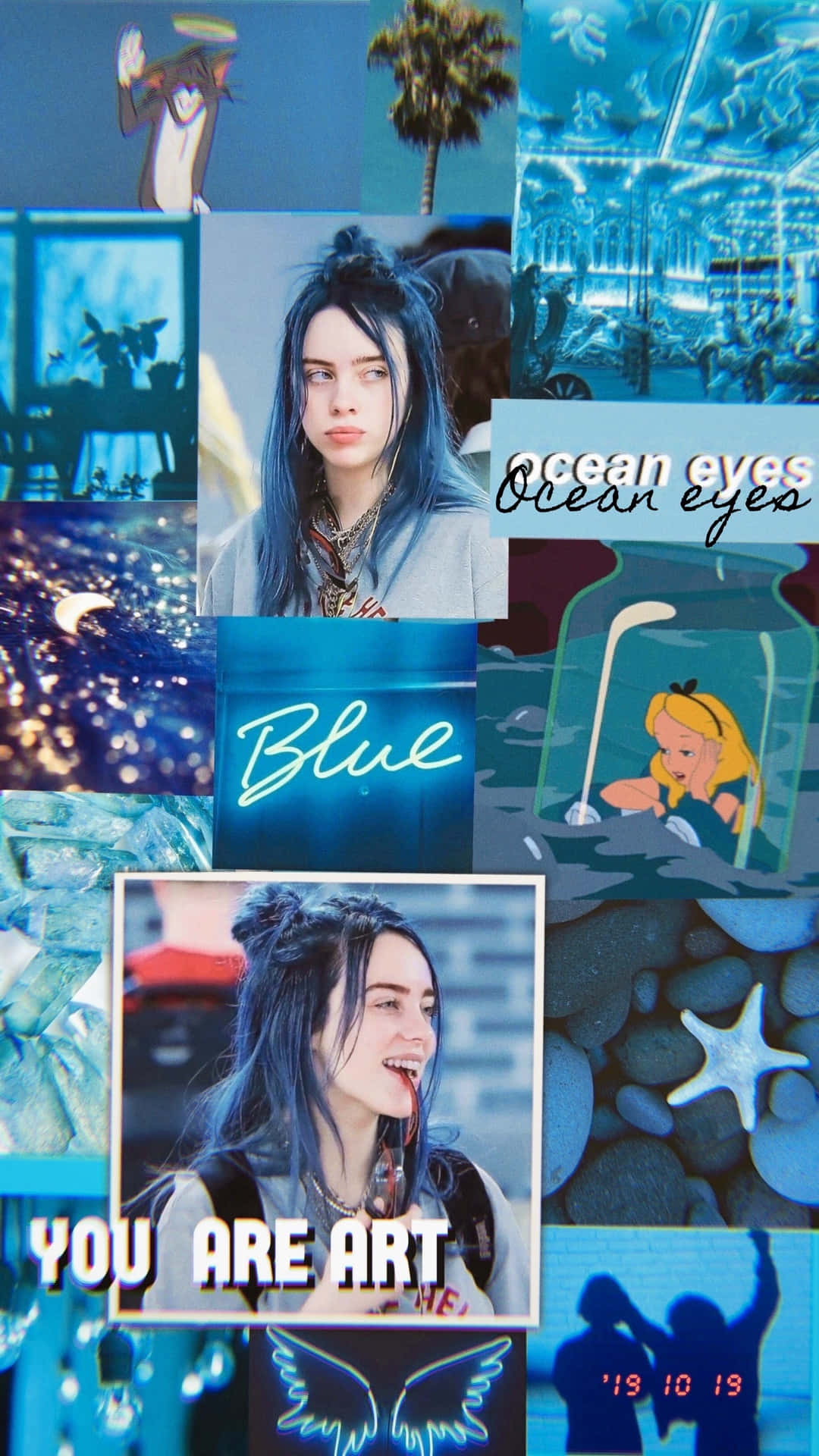 Billie Eilish Aesthetic Blue Collage Background