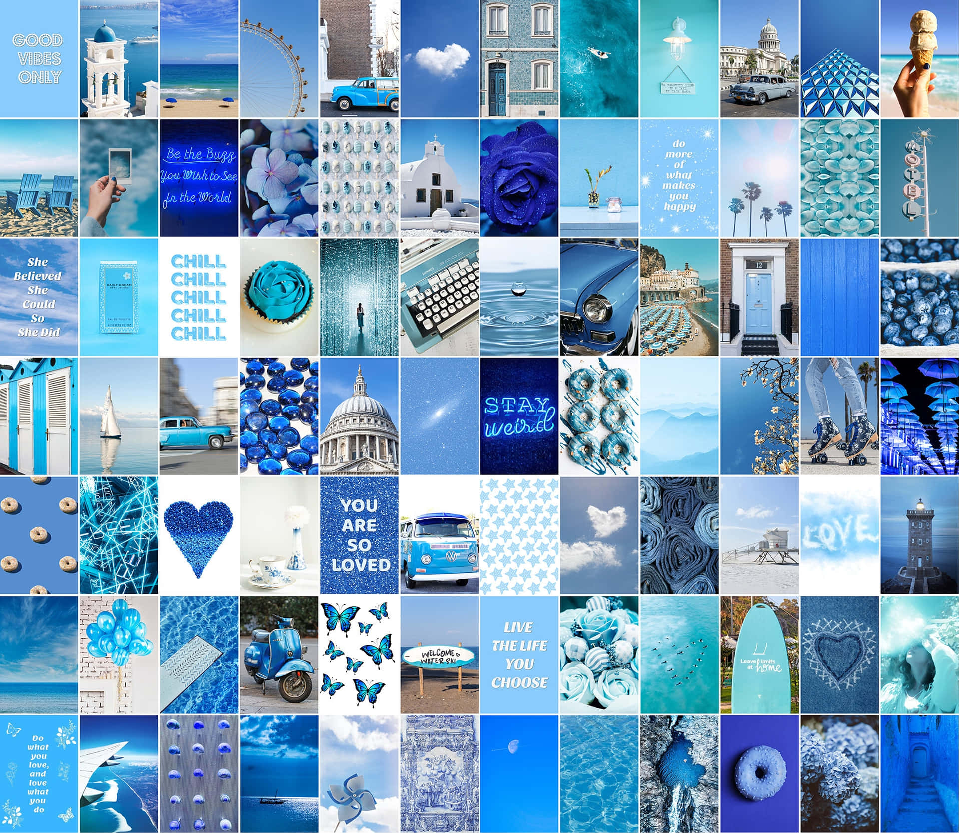 Æstetisk blå collage med falmet foto og kalligrafi Wallpaper
