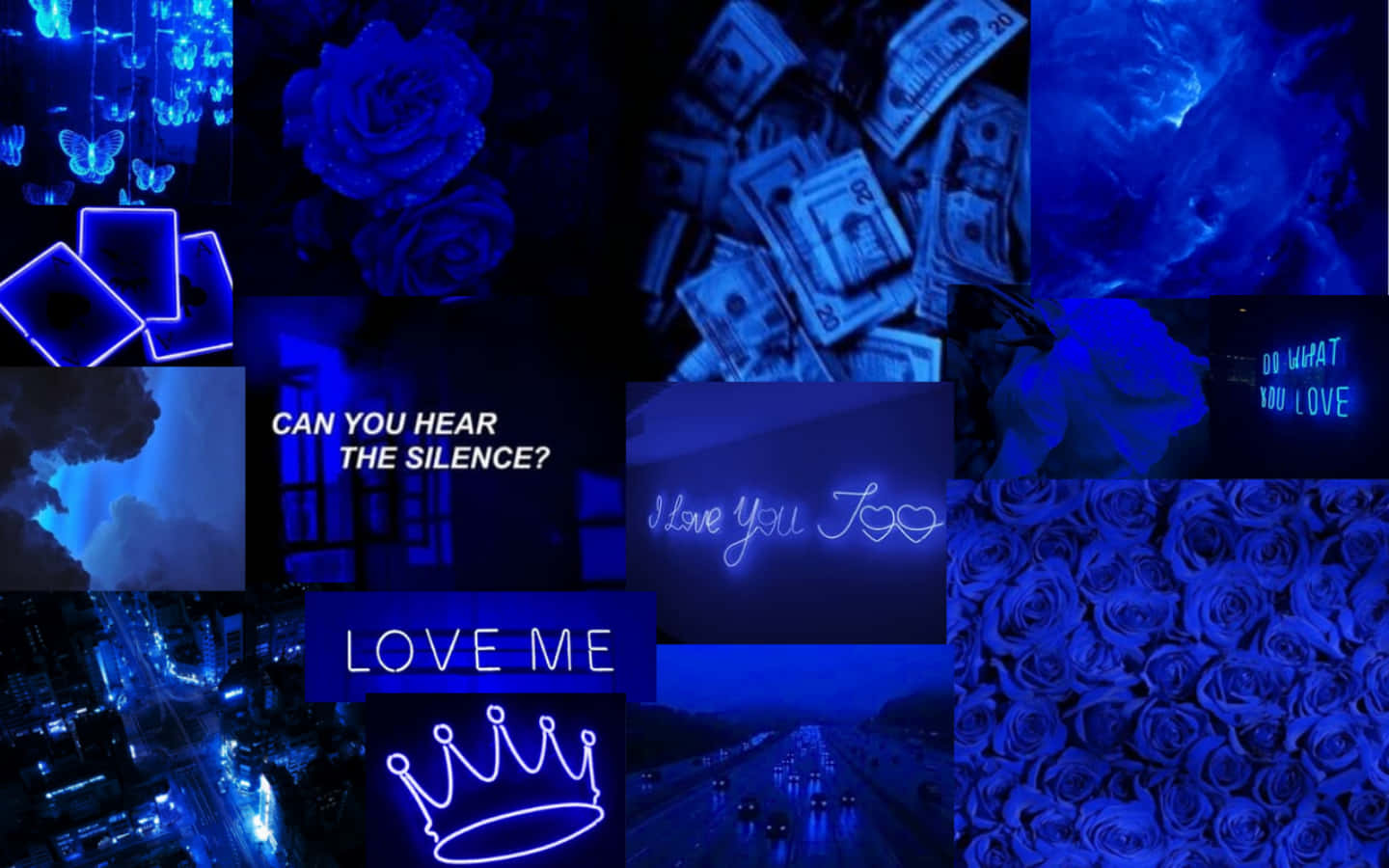 A Collage Of Blue Lights And Blue Words Wallpaper