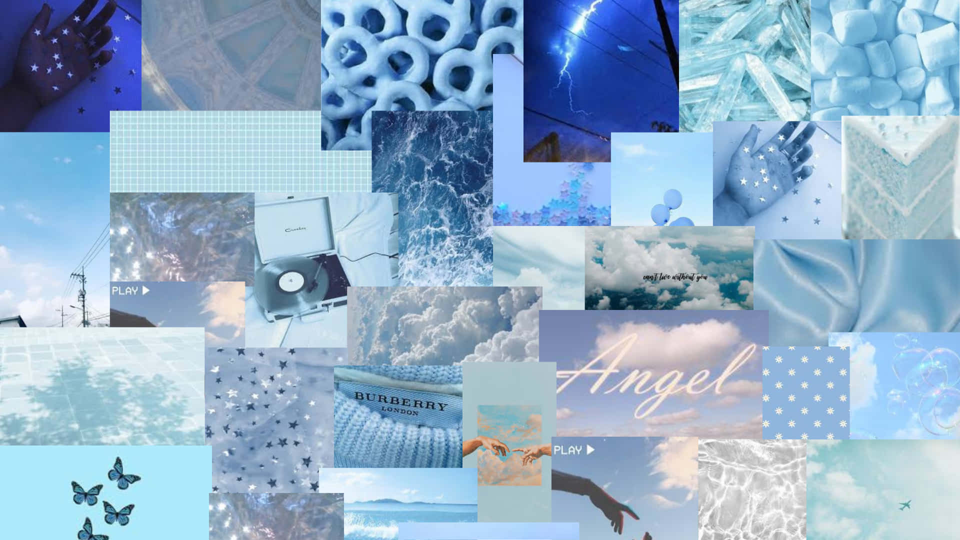 A Collage Of Blue Pictures And Clouds Wallpaper