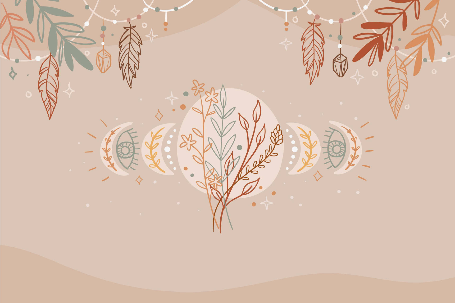 Aesthetic Boho Leaves And Moon Phases