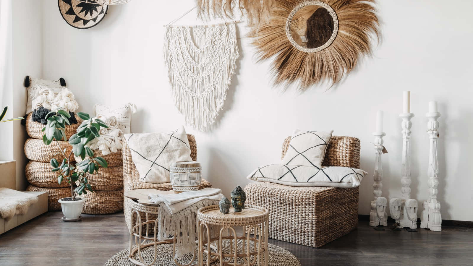 A Room With A Wicker Chair, A Rug And A Wall Hanging