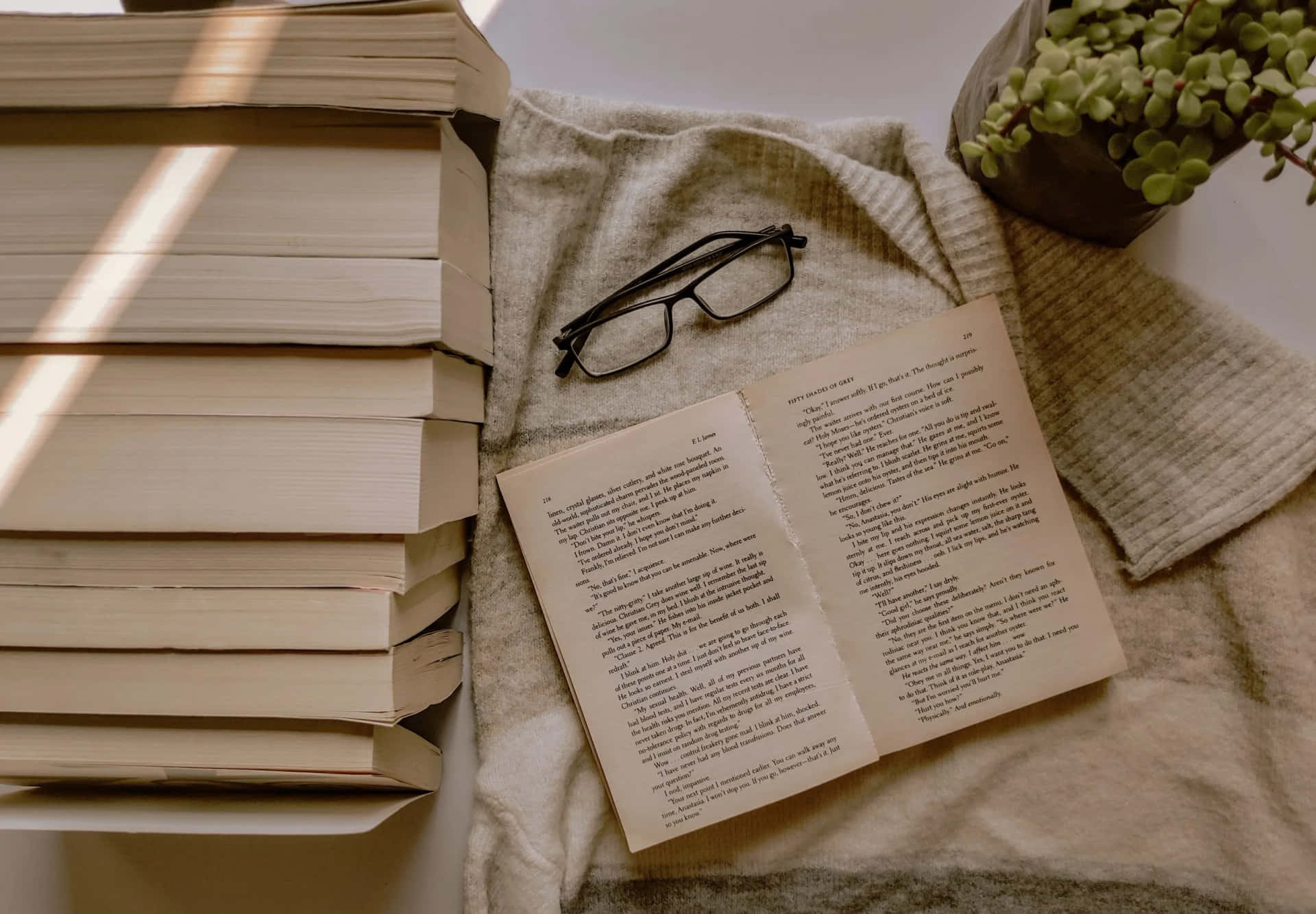 A Stack Of Books On A Table With Glasses And A Plant