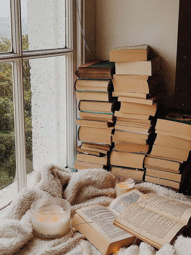 A Pile Of Books On A Blanket In Front Of A Window