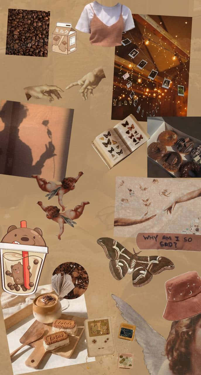 A Collage Of Various Items On A Brown Background