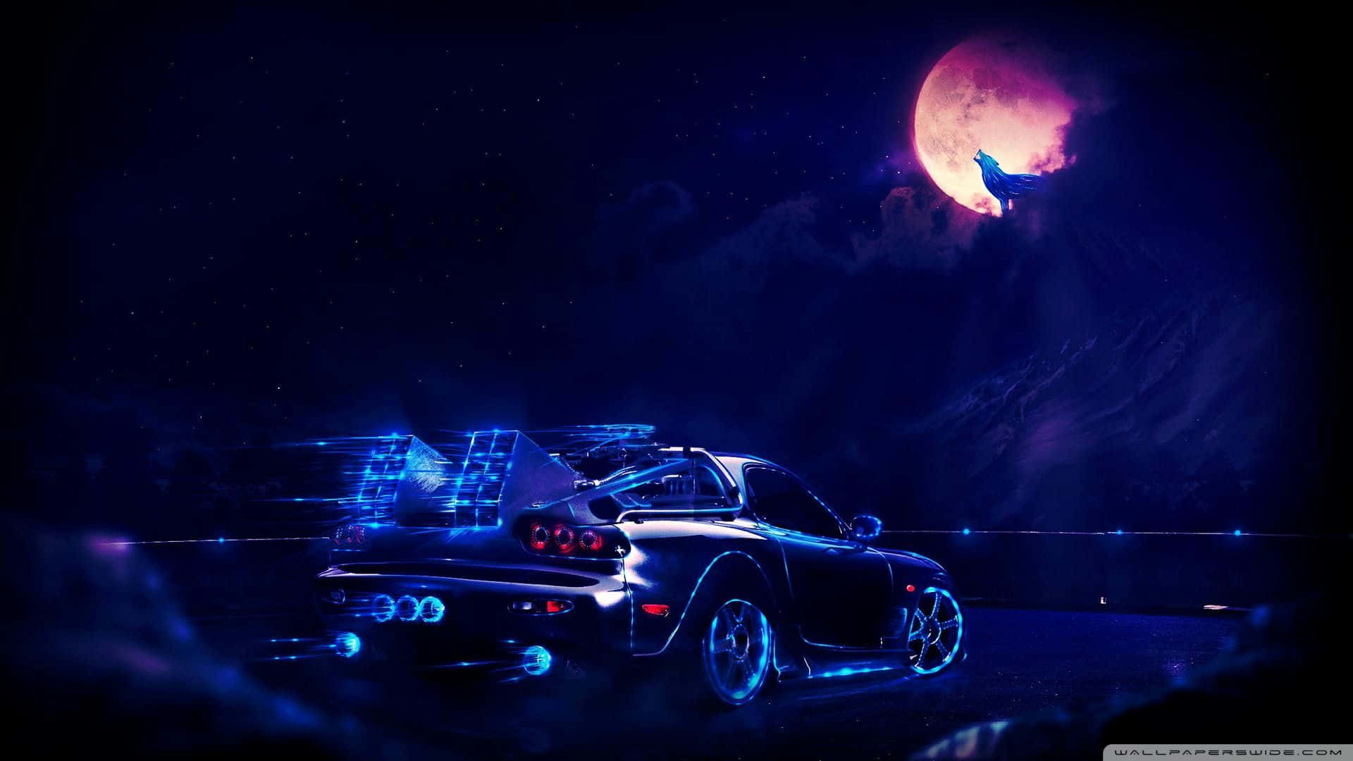 Einauto Wird Im Nachthimmel Mit Blauem Licht Gezeigt. Wallpaper