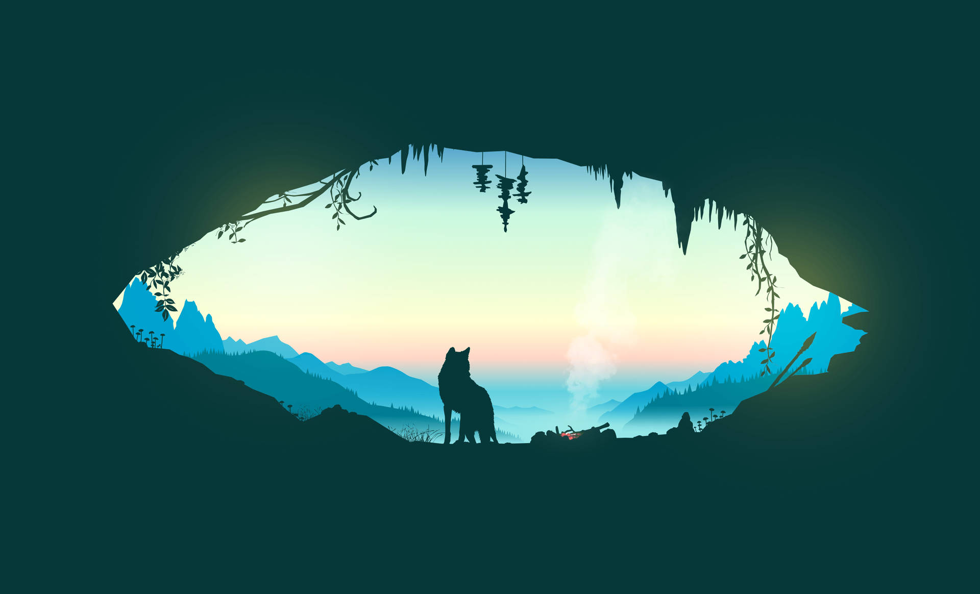 Aesthetic Cave And Wolf Computer Display Wallpaper