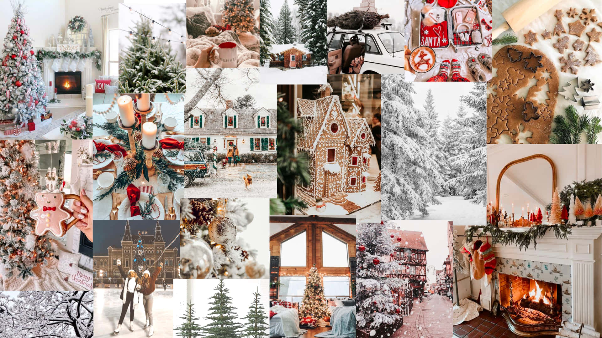 Julekollage med juletræer og dekorationer Wallpaper