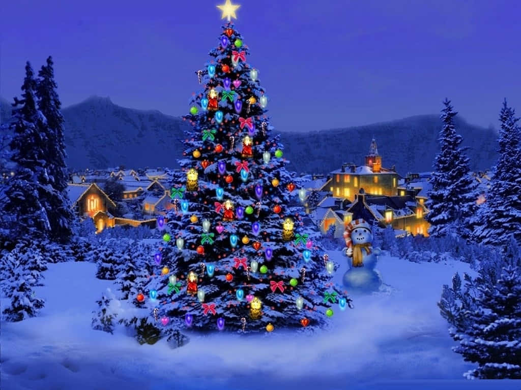 Unhermoso Árbol De Navidad Rústico Iluminado Con Cálidas Luces Parpadeantes. Fondo de pantalla