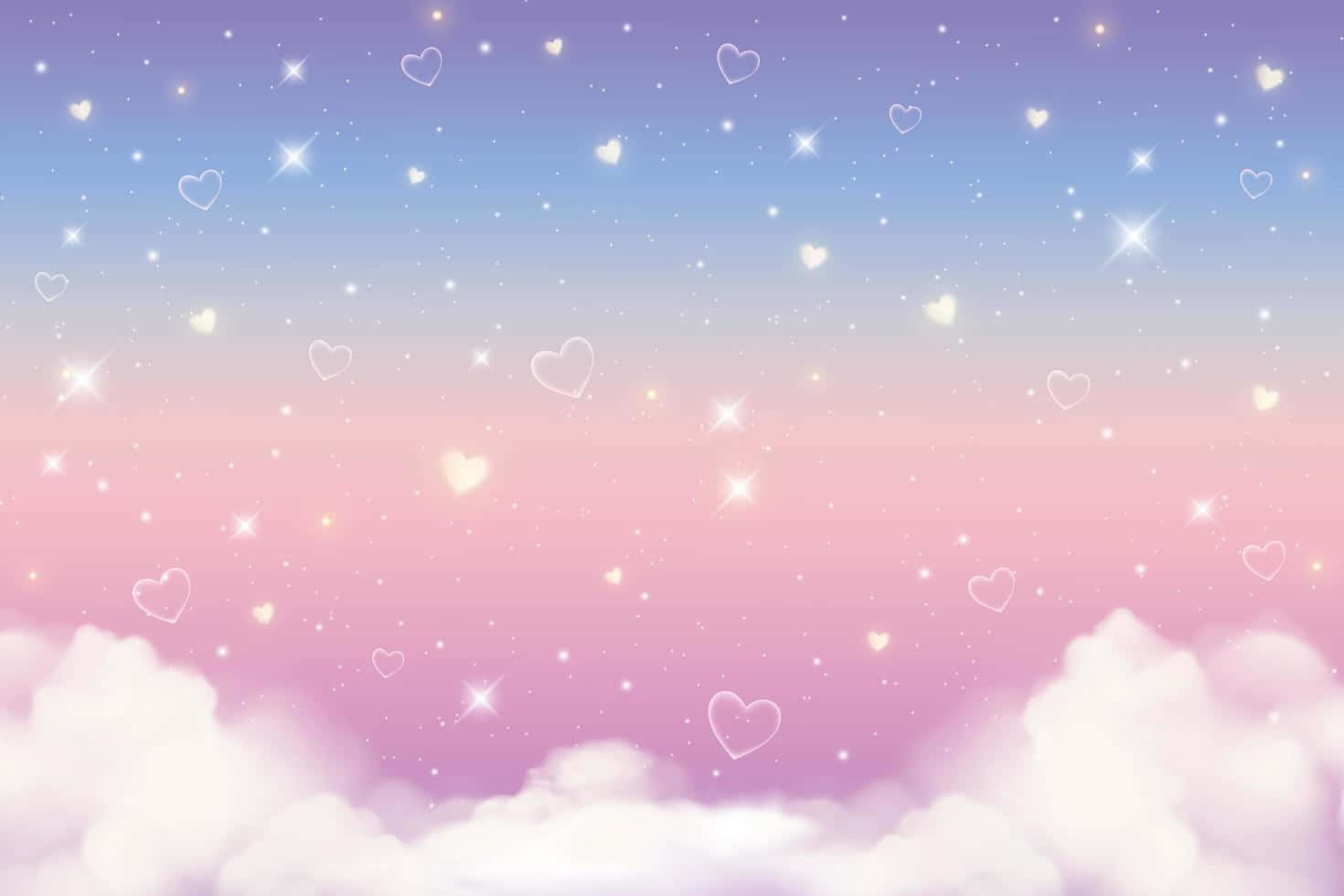 A Pink And Purple Sky With Clouds And Hearts