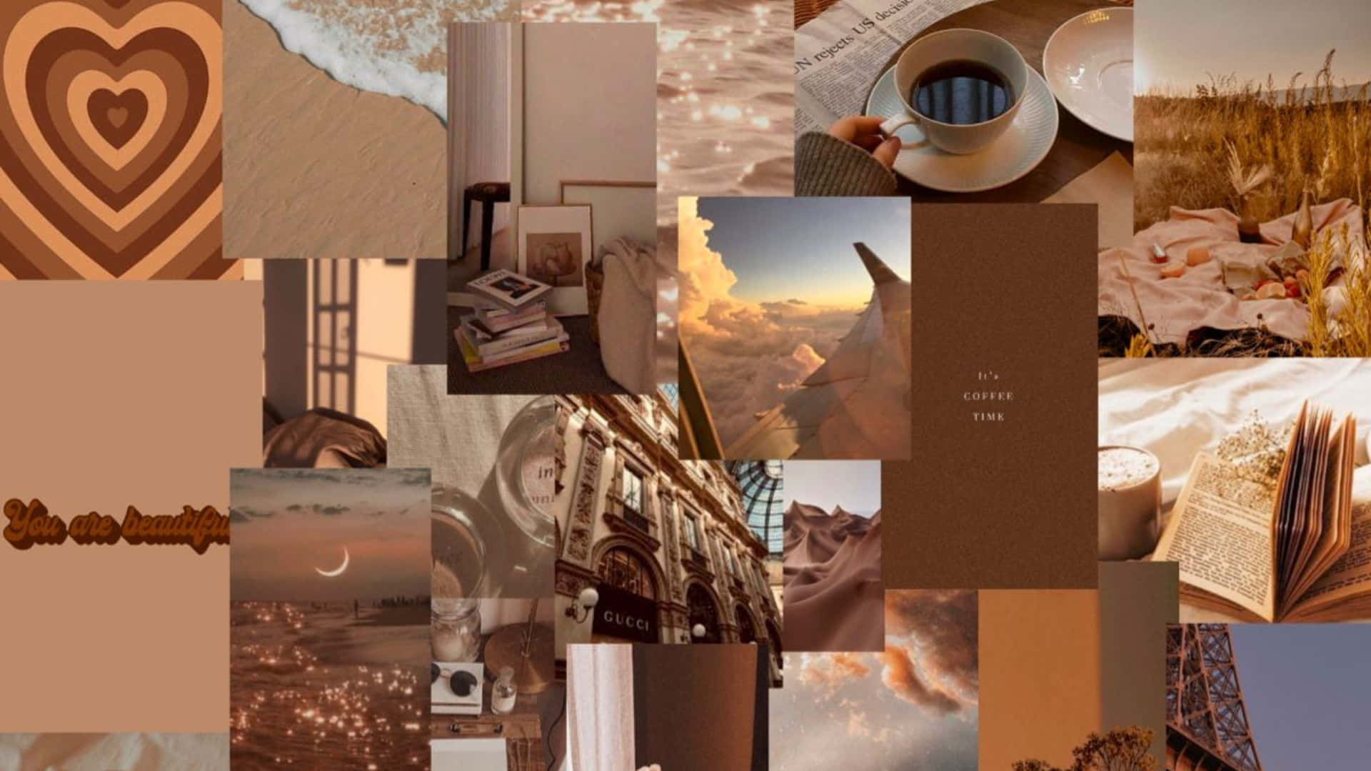 A Collage Of Pictures And Objects In Brown Wallpaper
