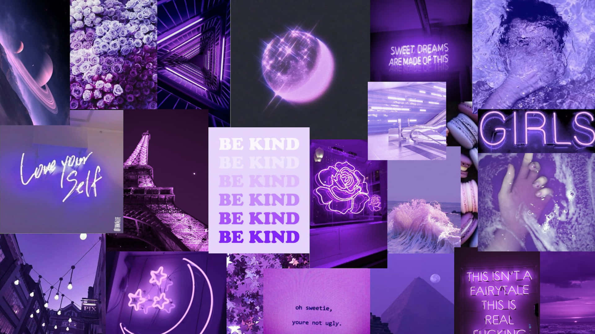 A Collage Of Purple Pictures With The Words Be Kind Wallpaper