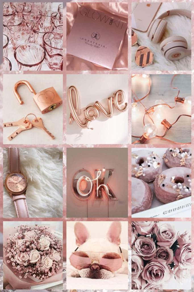A Collage Of Photos With Rose Gold And Pink