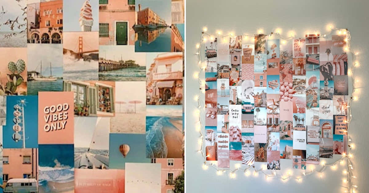 A Wall With Pictures And Lights Hanging On It