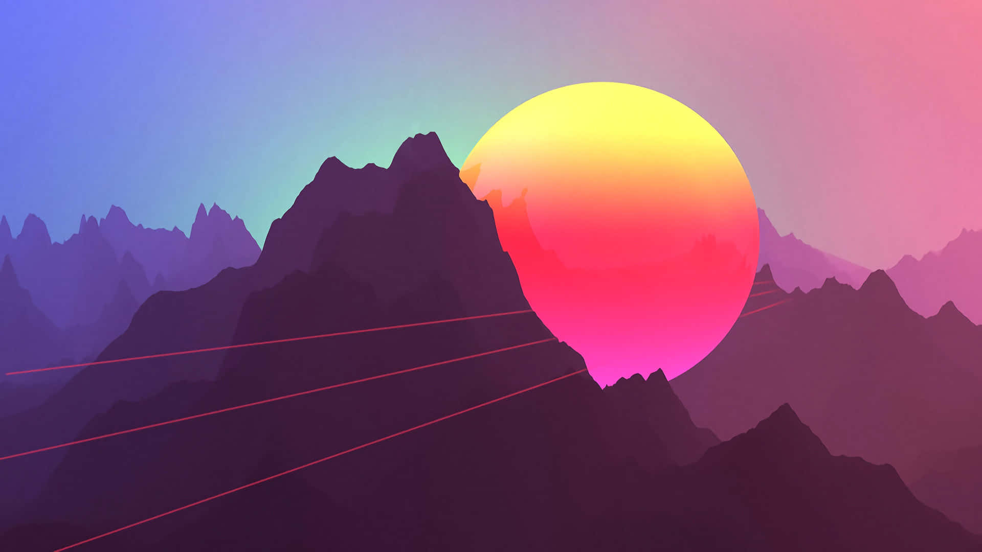 A Colorful Abstract Image Of Mountains And A Sun Wallpaper