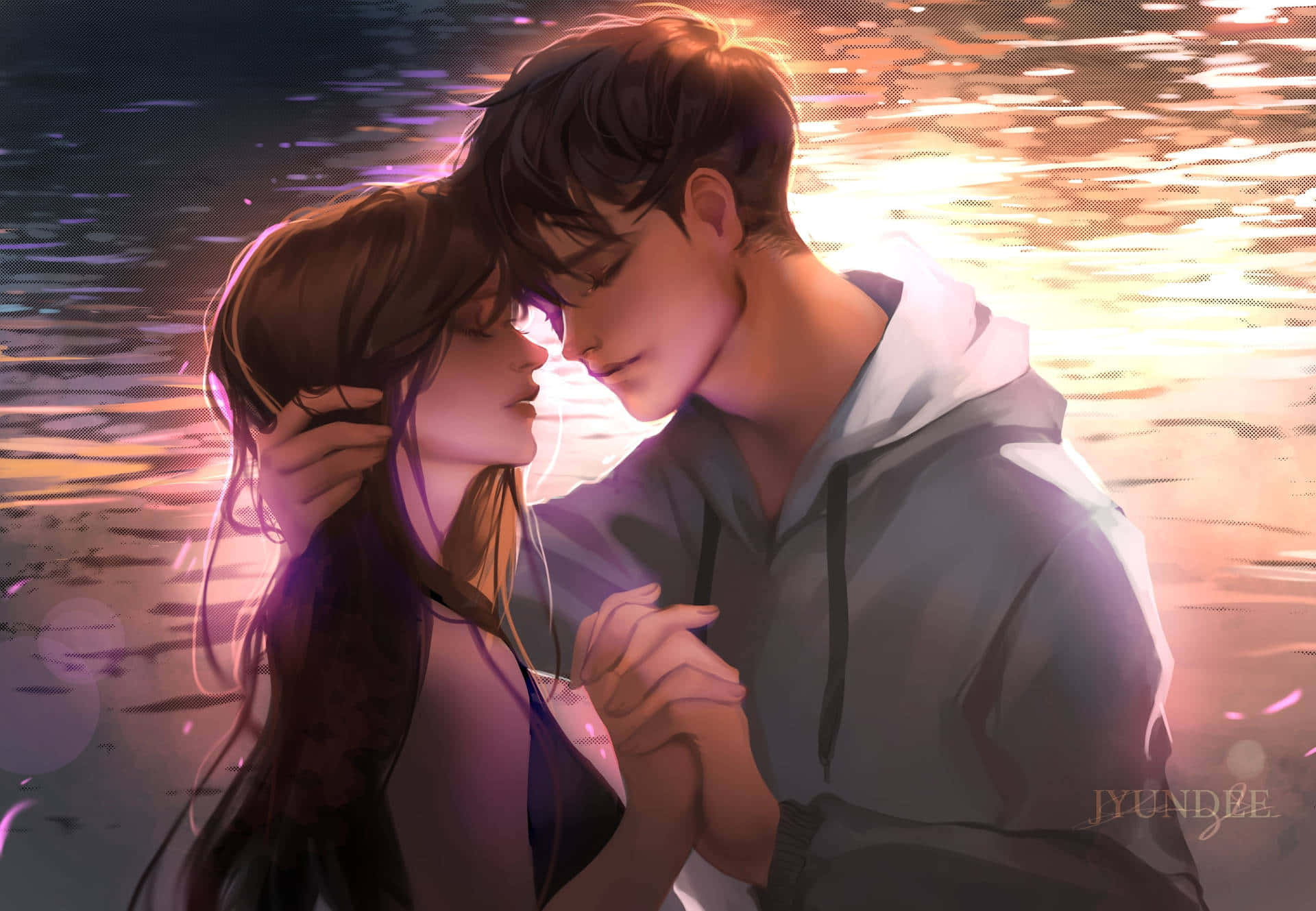 En romantisk anime-par omfavner toppen af ​​en fredfyldt vandfald. Wallpaper
