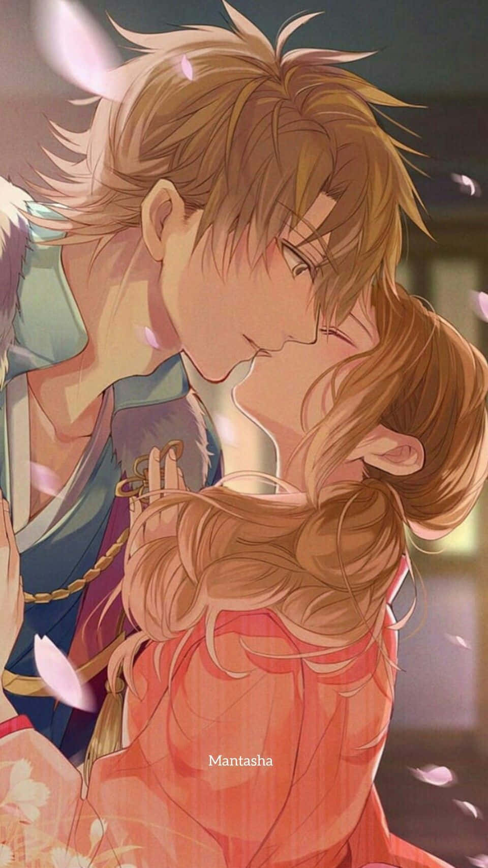 Adorable anime couple in a dreamy embrace Wallpaper
