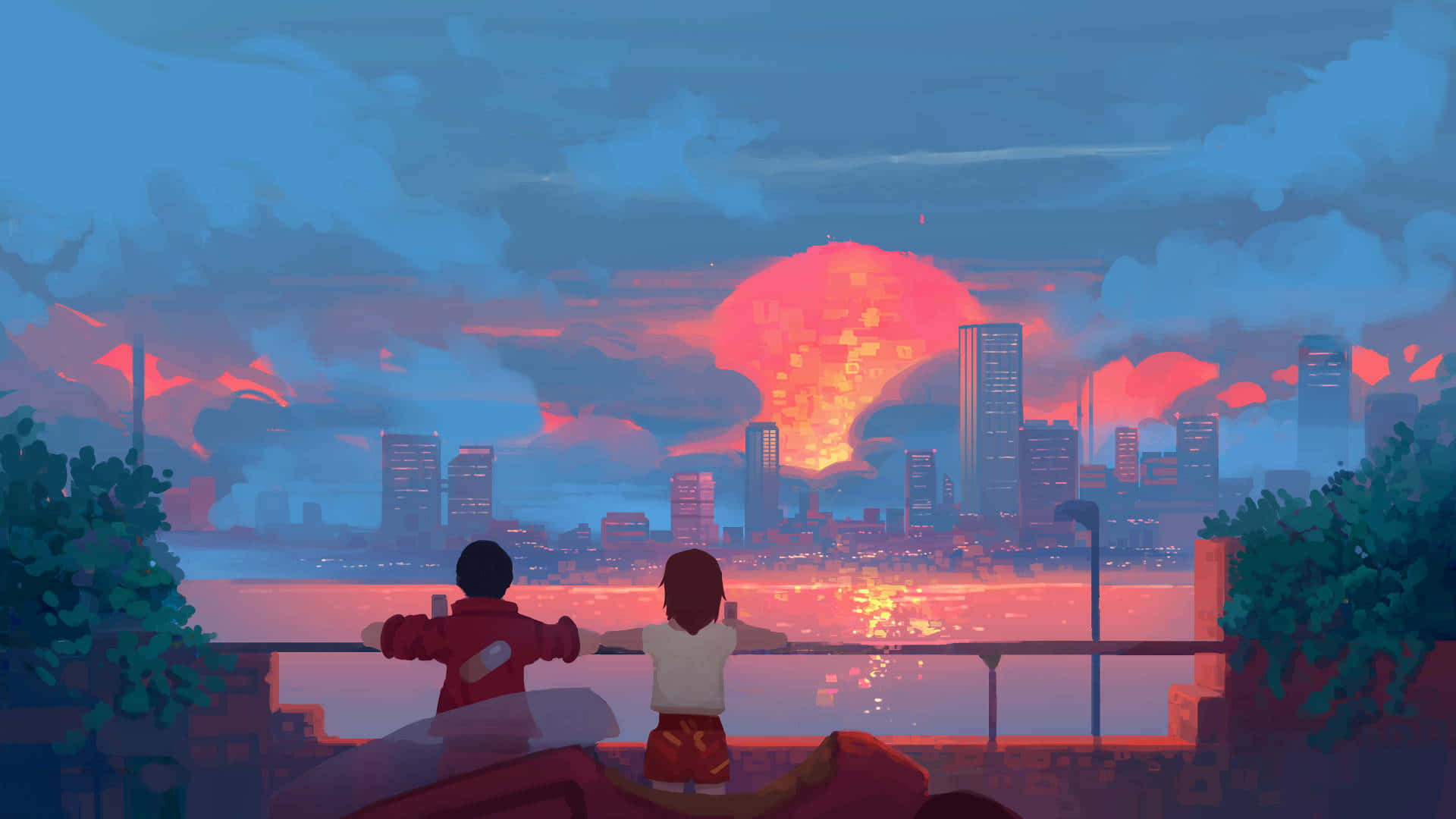 Et maleri af to mennesker, som kigger på byens skyline. Wallpaper