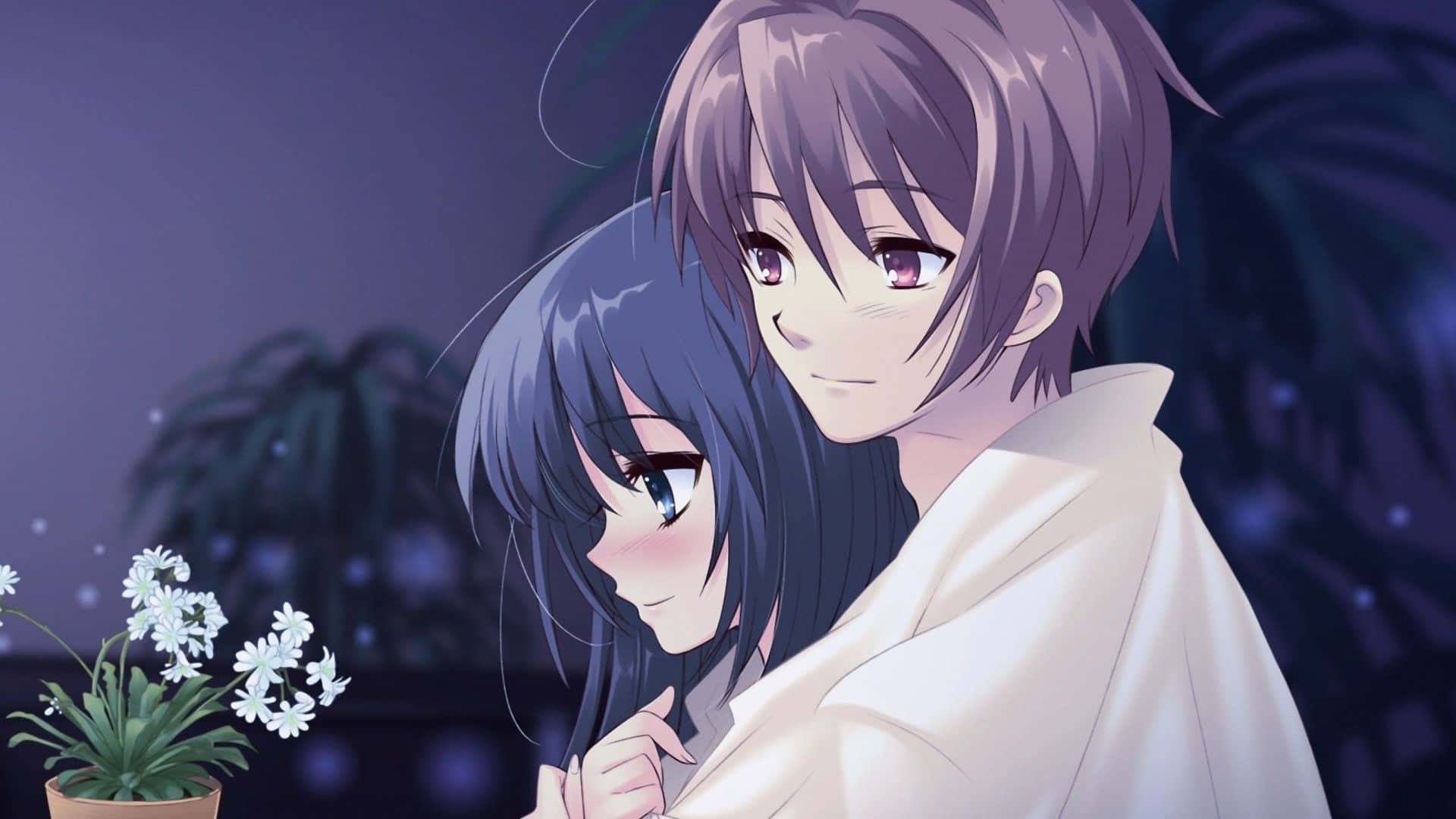This Japanese anime couple are having a romantic moment. Wallpaper