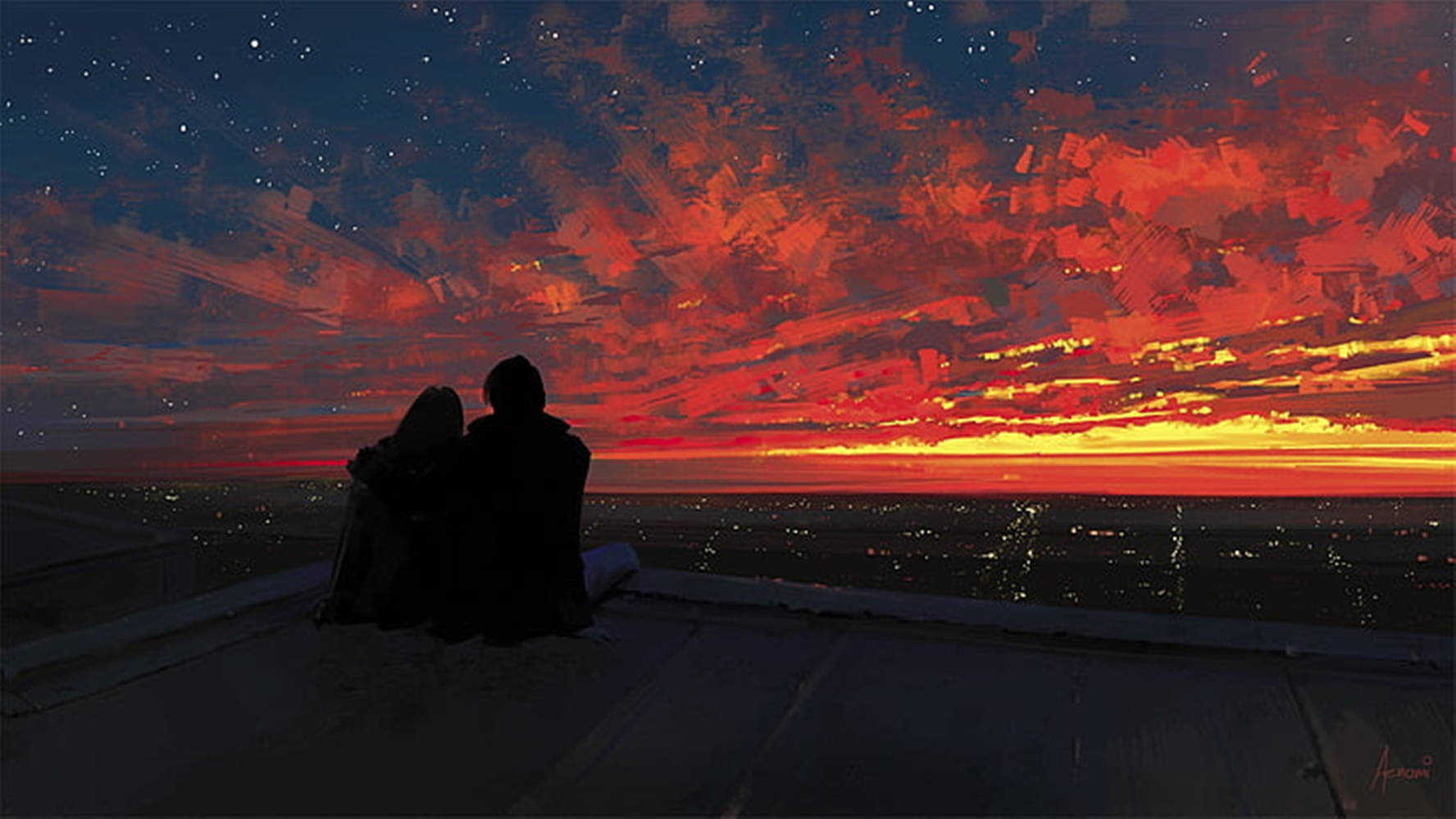 Aesthetic Couple Watching Sunset Wallpaper