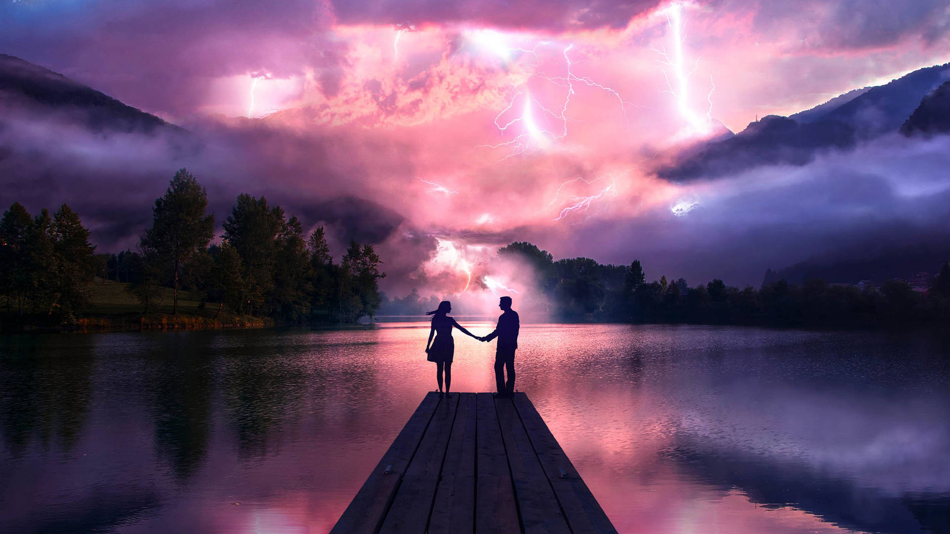 Aesthetic Couple With Thunderstorm Weather Wallpaper