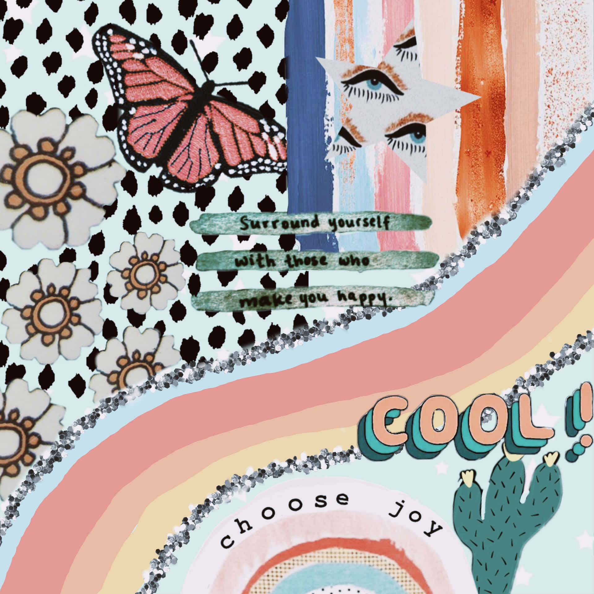Uncollage Colorido Con Una Mariposa Y Un Cactus Fondo de pantalla
