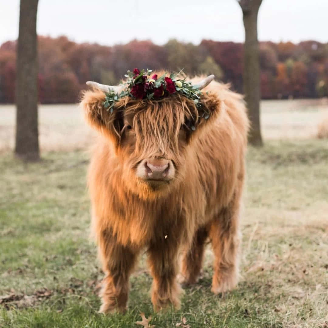 A peaceful cow enjoying a lush meadow Wallpaper
