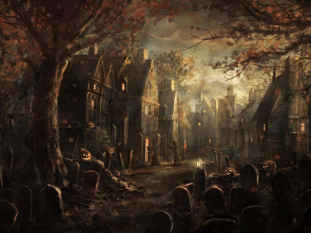 Fundode Tela De Halloween Assustador Com Estética Da Cidade Do Cemitério.