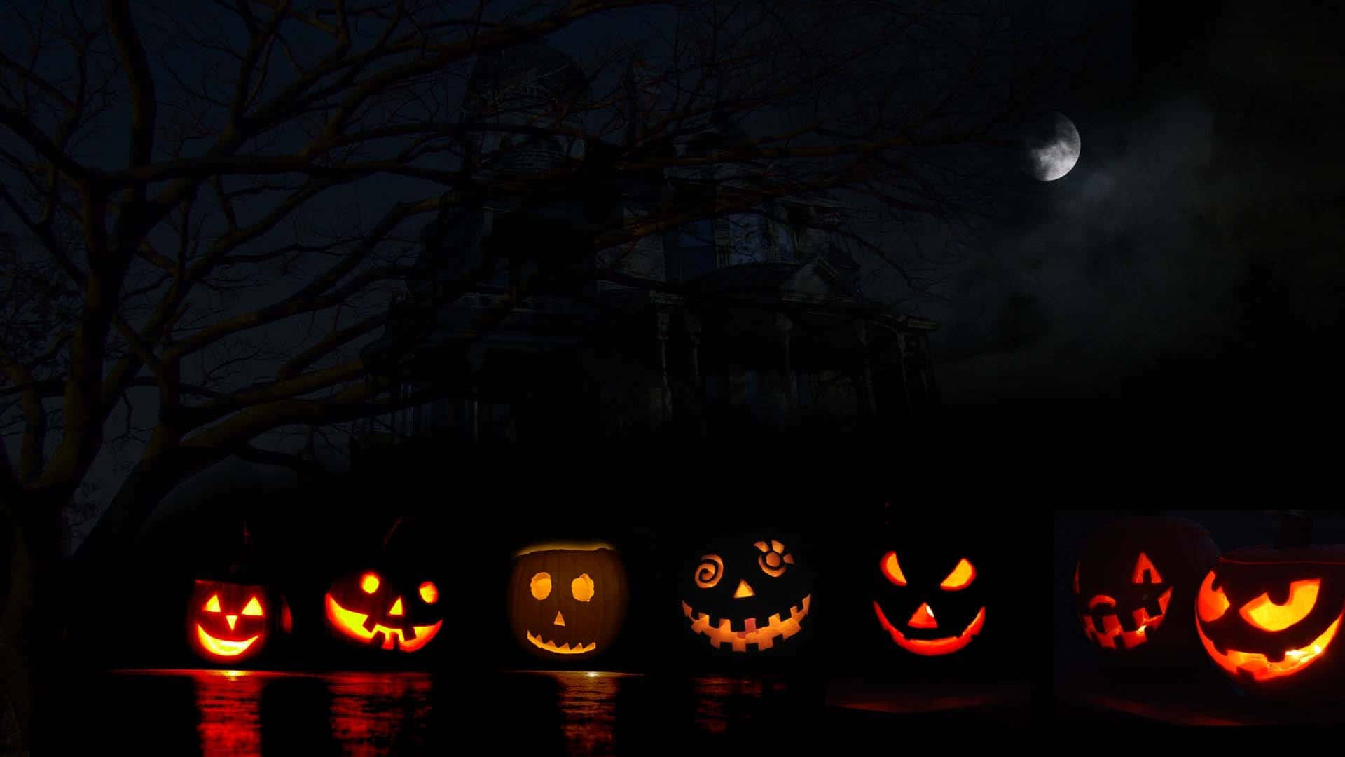 Kürbissemit Verschiedenen Ausdrücken Ästhetische Gruselige Hintergrund Für Halloween