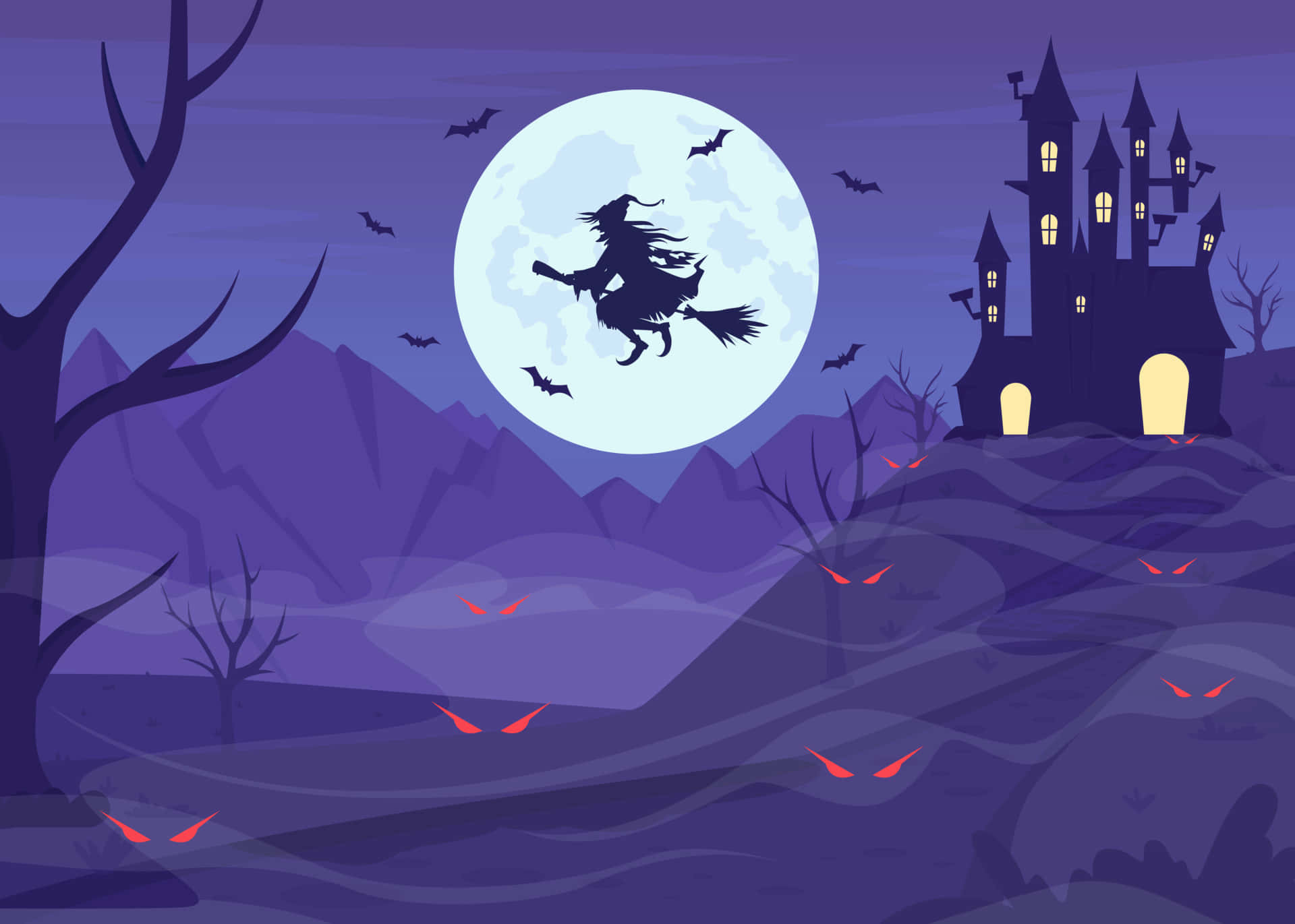 Fundode Tela De Halloween Estético E Assustador Com Uma Bruxa Voando Em Uma Vassoura.