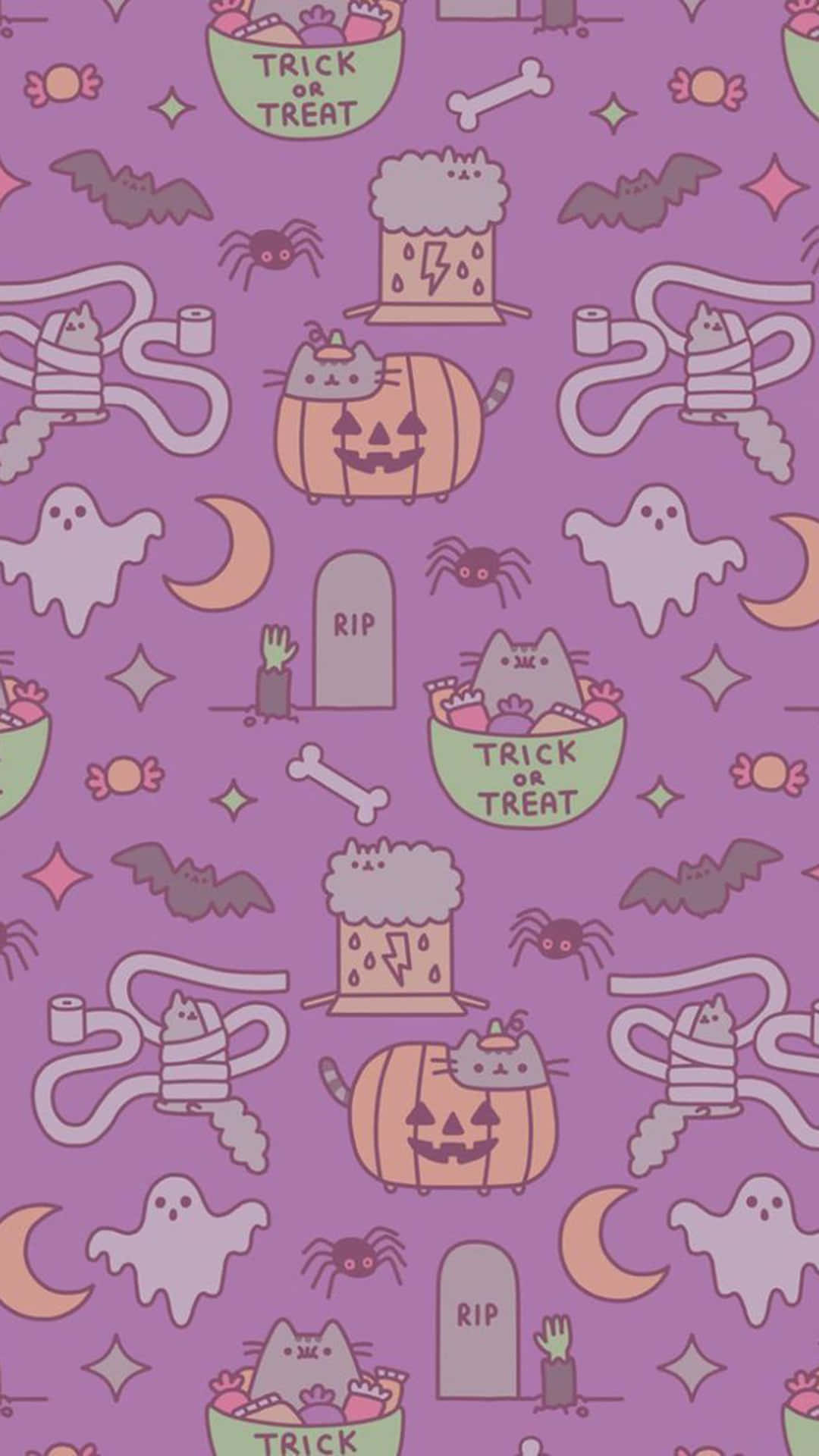 Aesthetic Cute Halloween Pusheen Purple Wallpaper