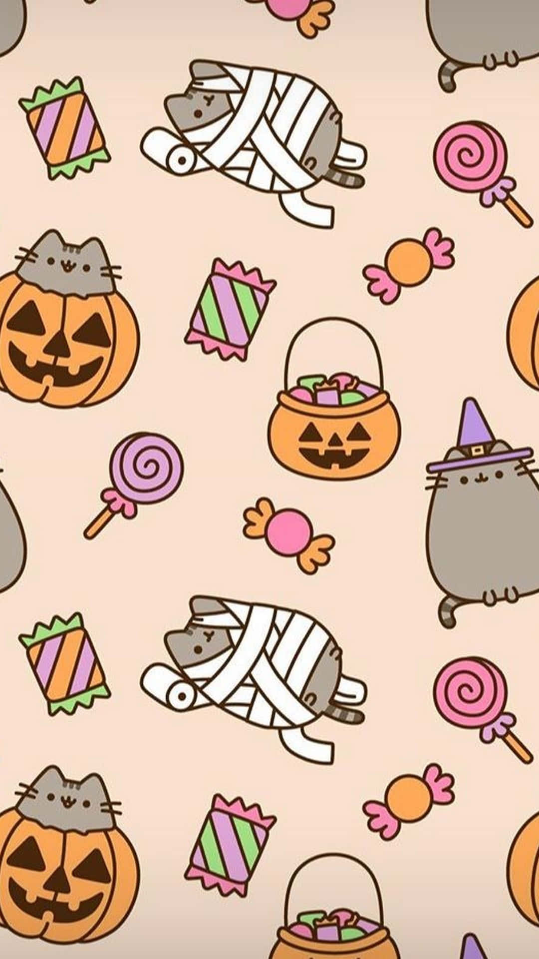 Aesthetic Cute Halloween Pusheen Trick Or Treat Wallpaper