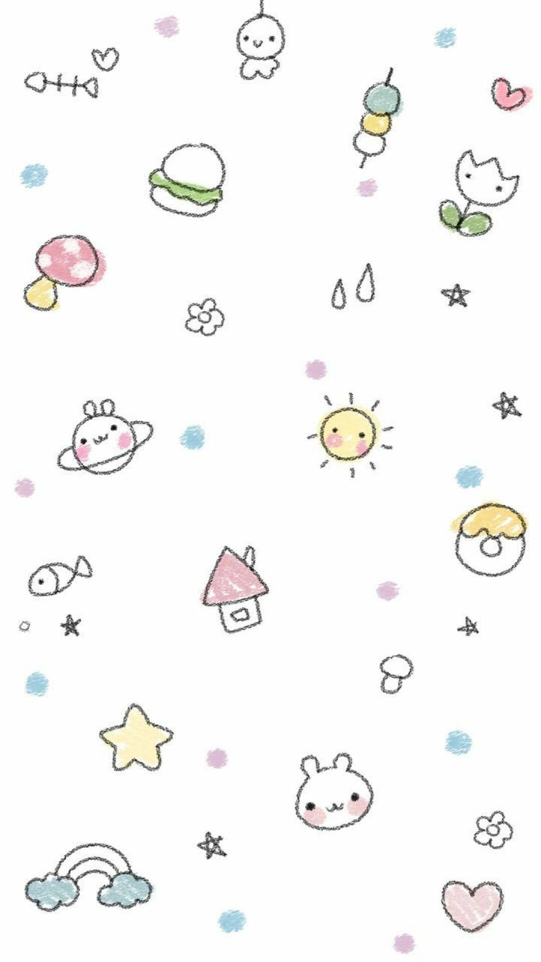 A White Background With A Variety Of Kawaii Characters Wallpaper