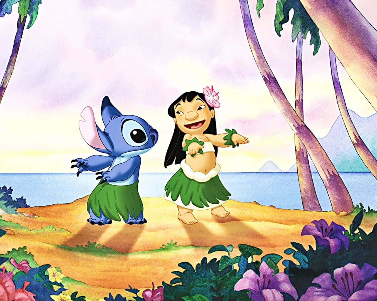 Se Disney's Stitch og Lilo og Stitch på væggapiret. Wallpaper