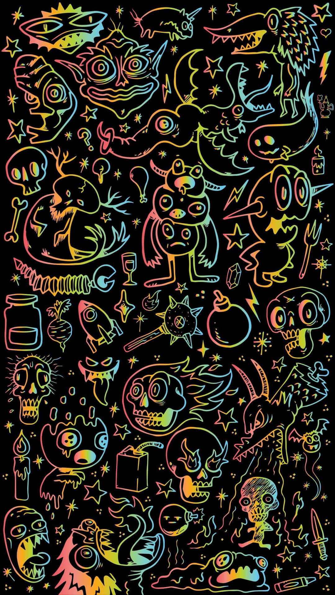 Et sæt farverige tegninger på en sort baggrund. Wallpaper