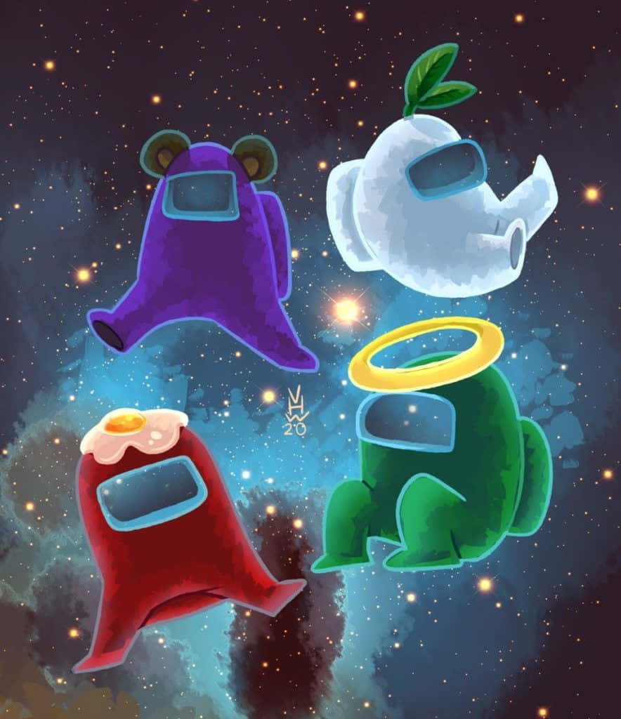 Four Aliens In Space With A Spaceship Wallpaper