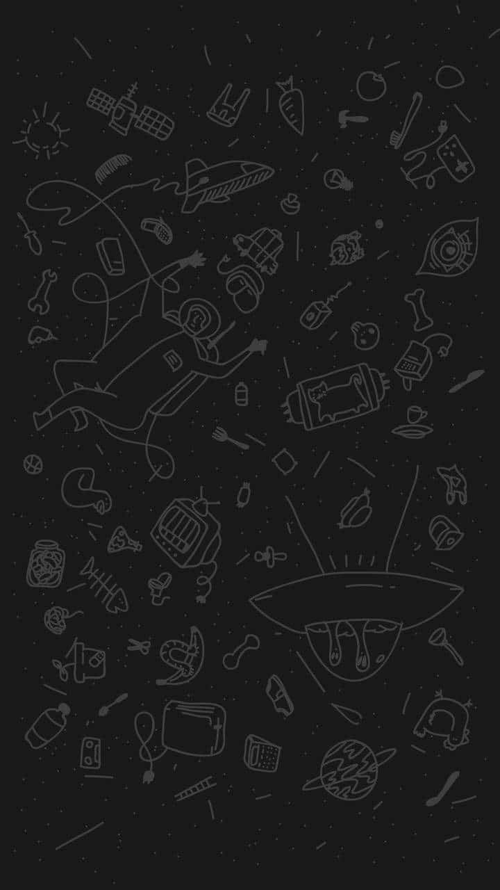 En sort baggrund med et rumskib og andre objekter, der flyver forbi Wallpaper