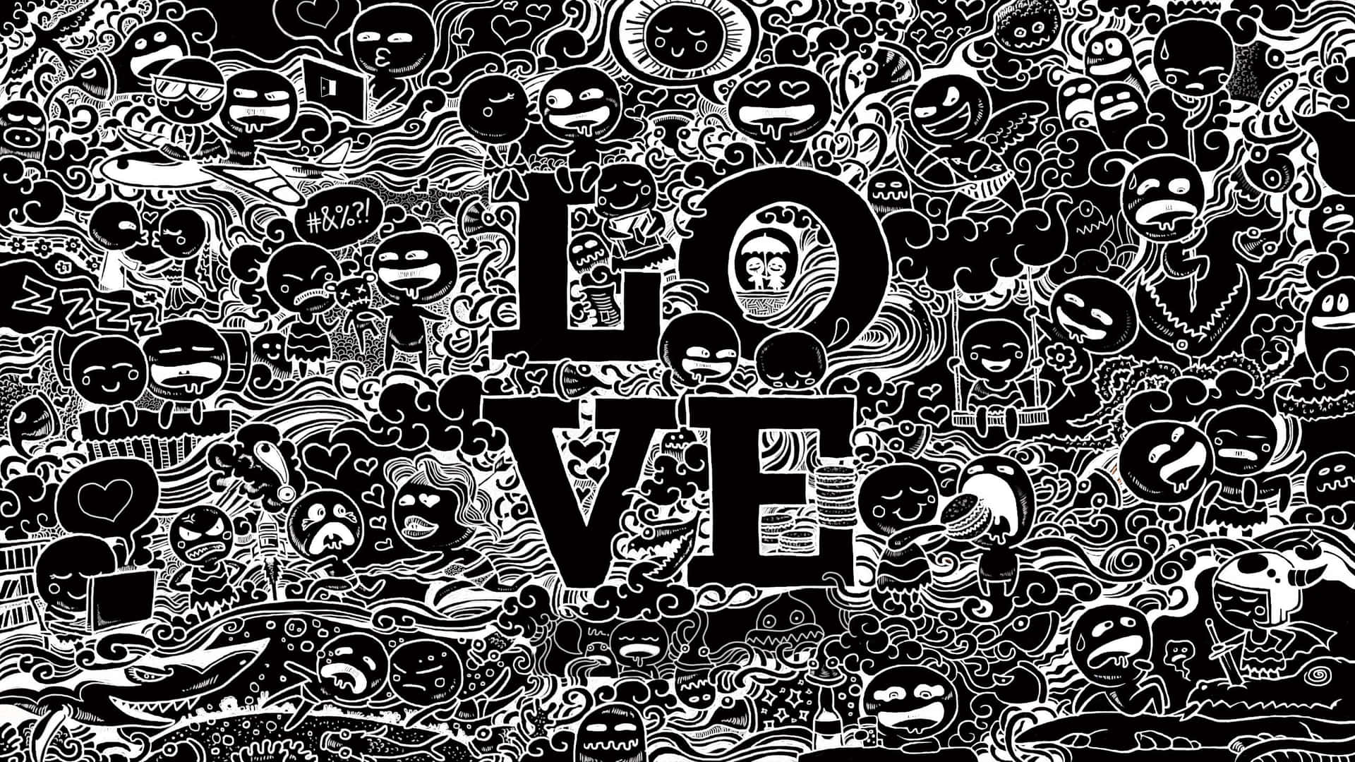 En sort og hvid tegning af et kærlighedsscene. Wallpaper
