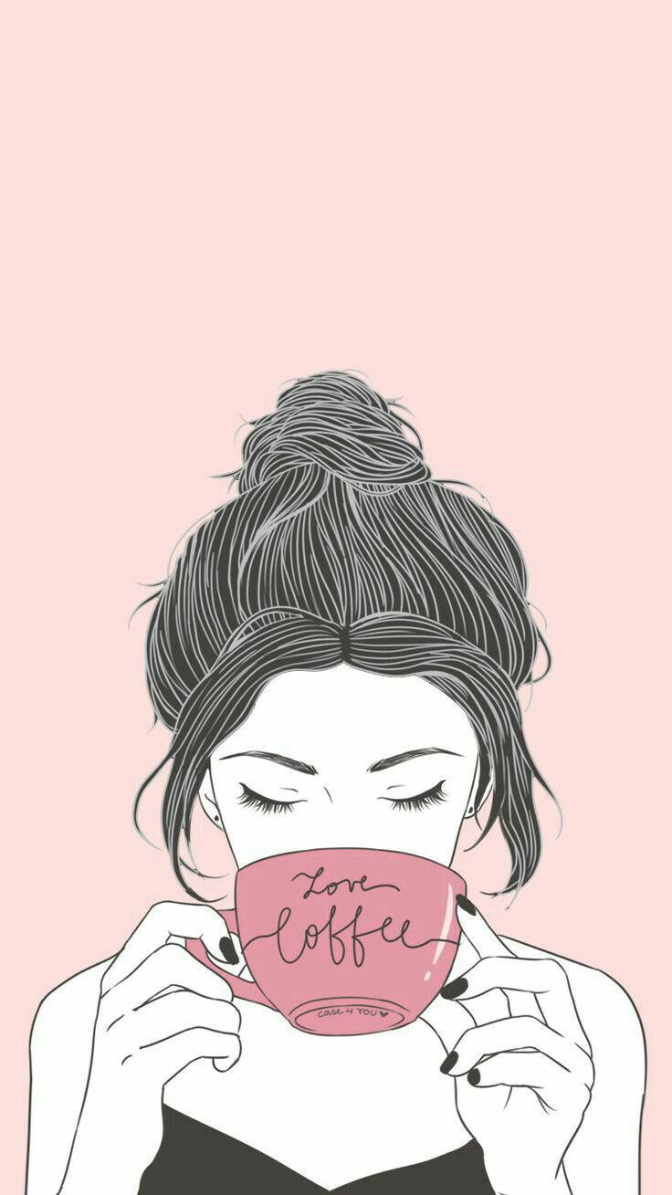 Aesthetic Drawing Girl Drinking Coffee Wallpaper