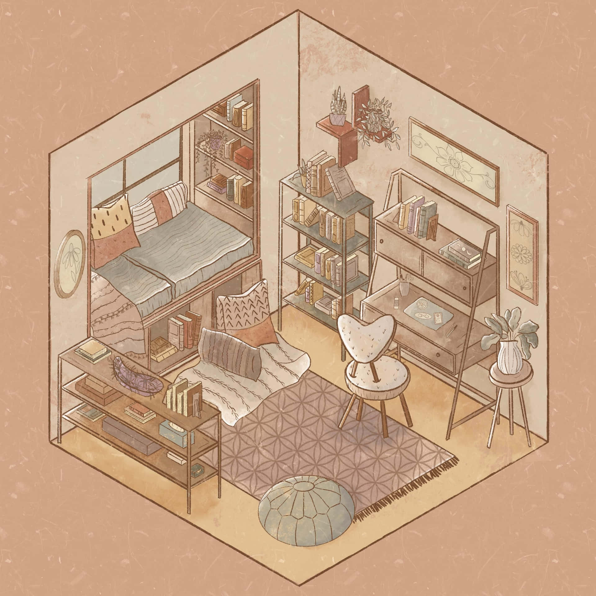 A Room With A Bed, Sofa, And Bookshelf