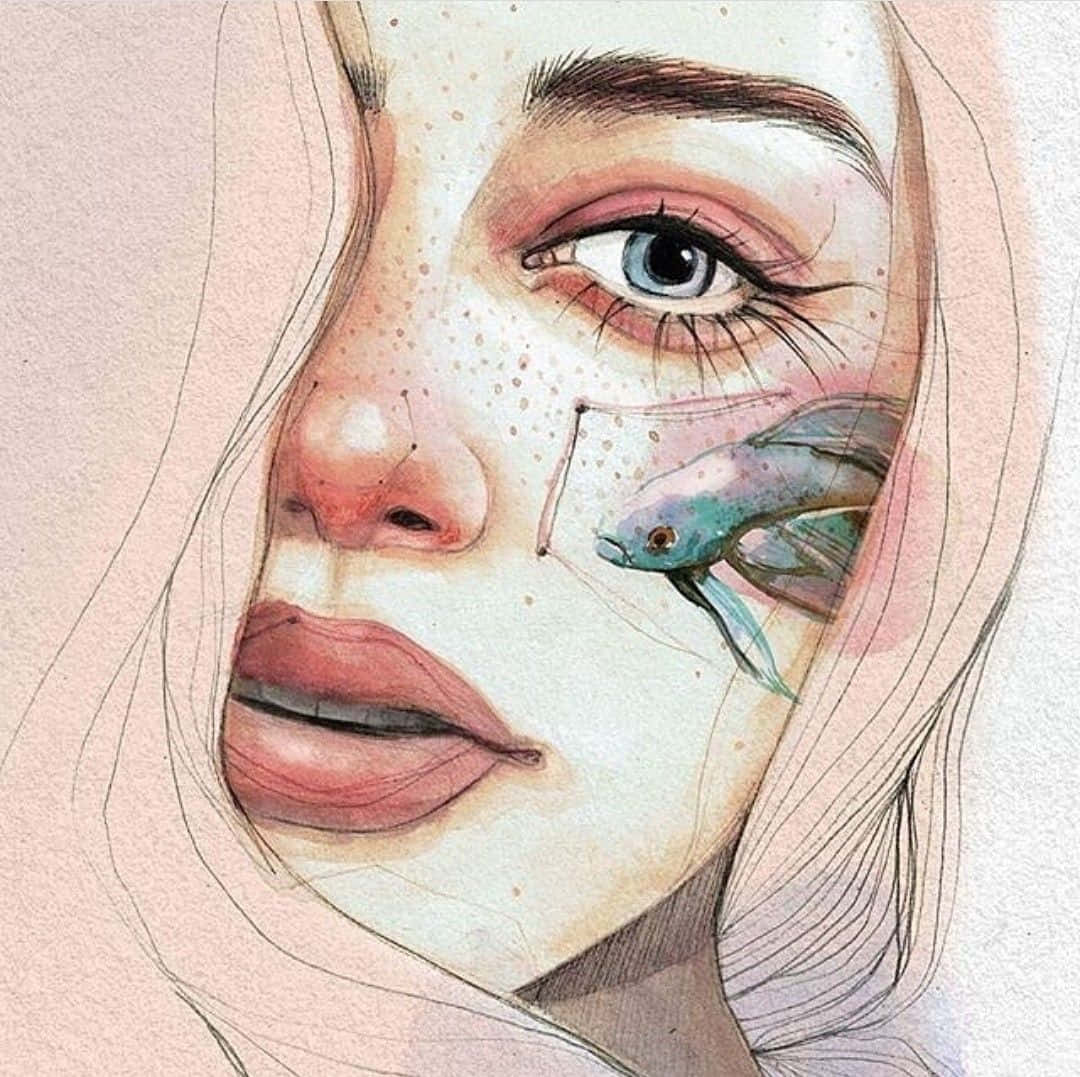 A Watercolor Painting Of A Girl With A Fish On Her Face