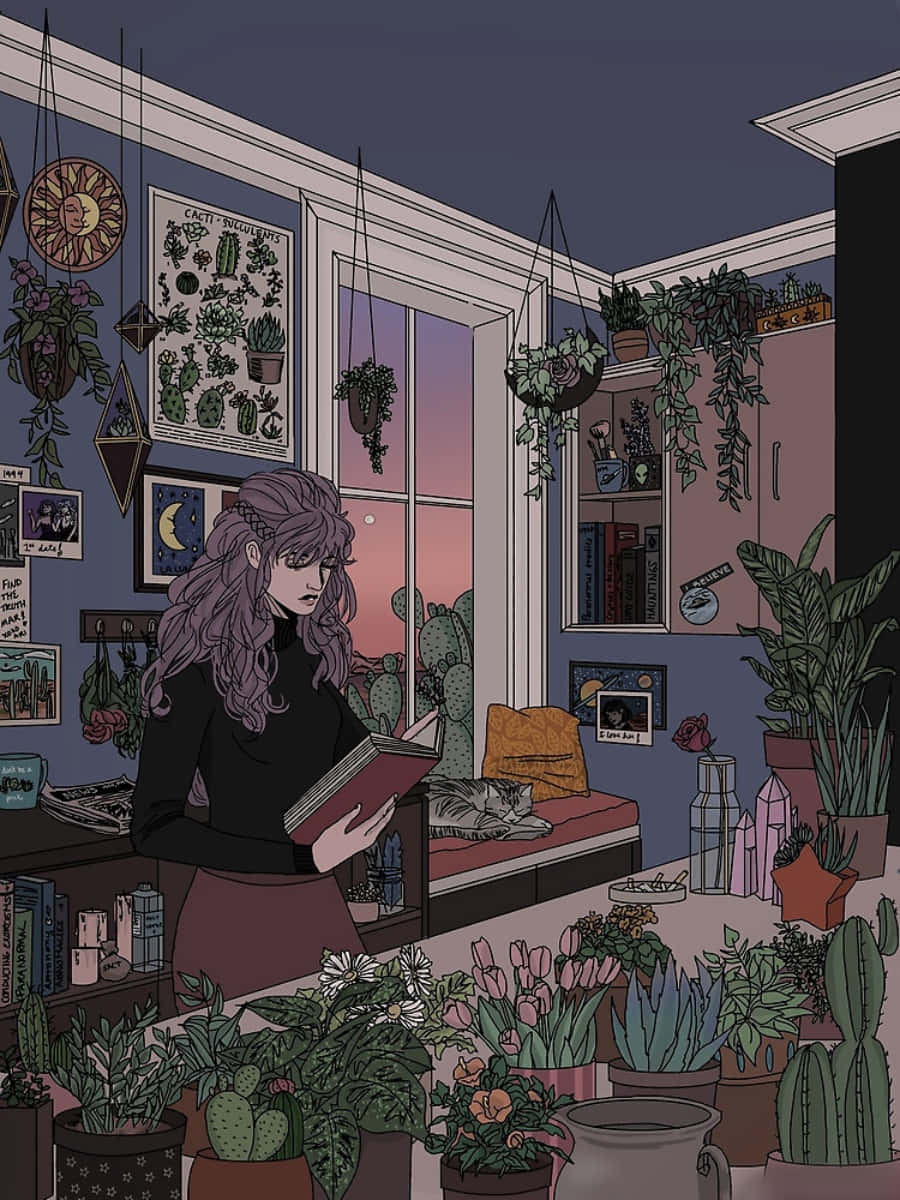 A Girl Is Reading A Book In A Room Full Of Plants