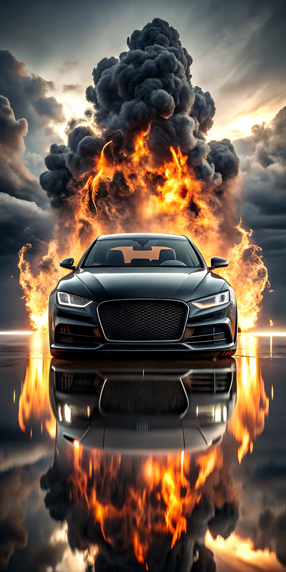 Aesthetic Ferrari Sports Car With Speed Fire And Black Cloud In Cinematic Black And White Theme Wallpaper