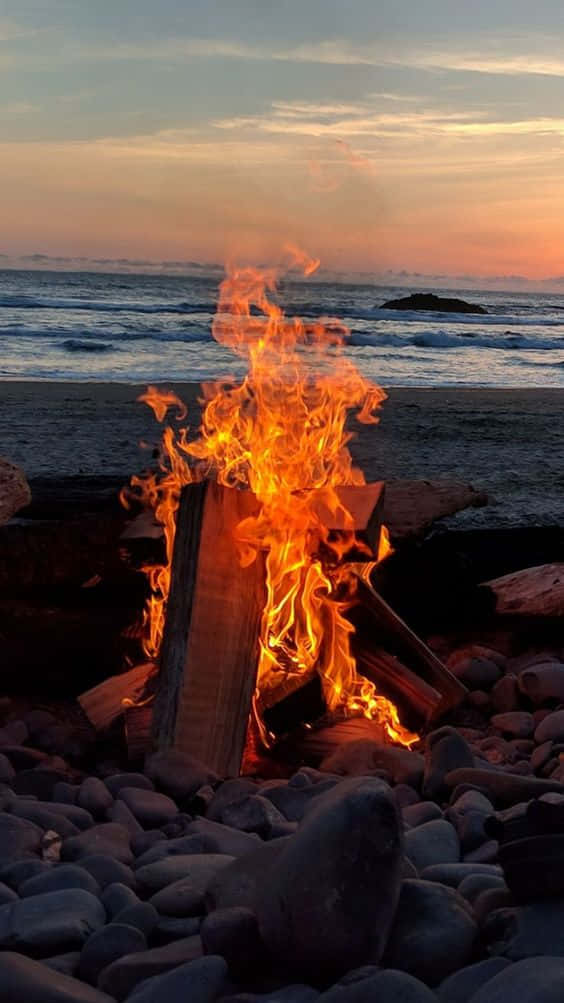 Fuegode Campamento En La Playa Al Atardecer Con Estética. Fondo de pantalla