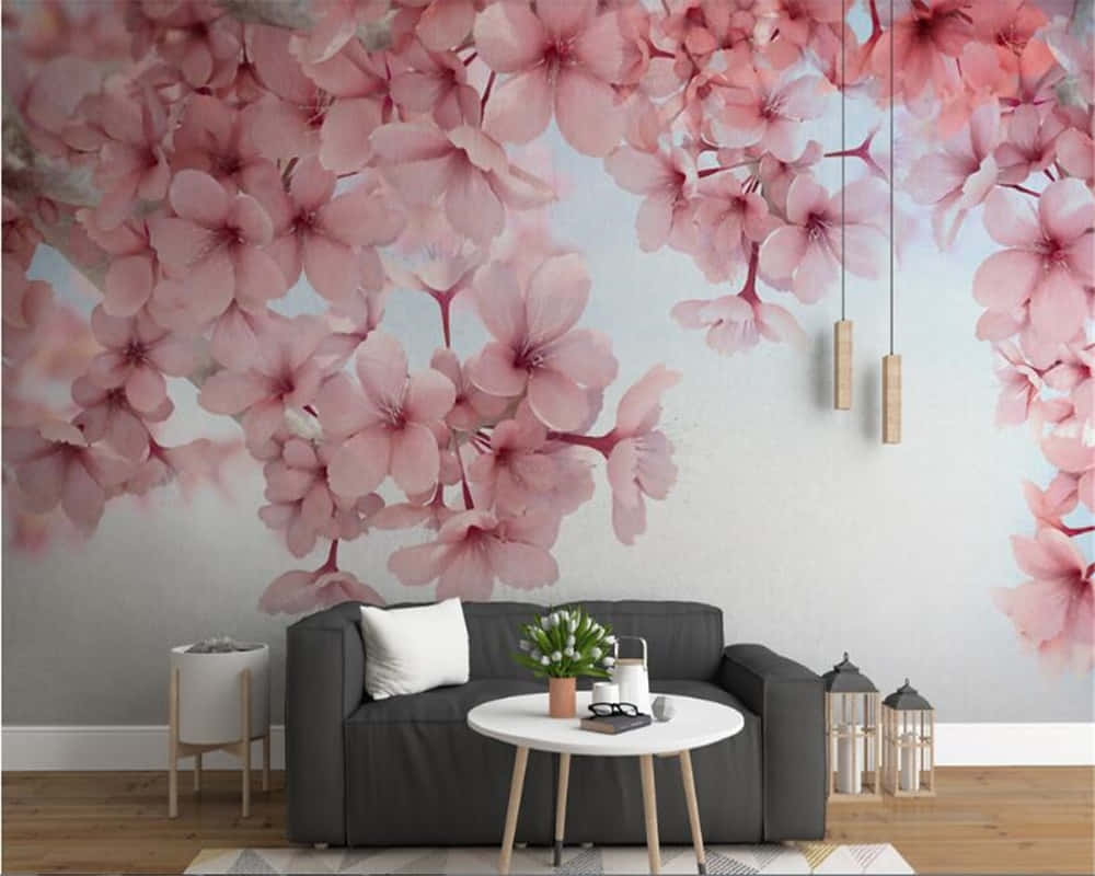 A Living Room With A Pink Flower Wall Mural Wallpaper